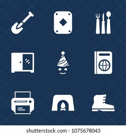 Premium set with fill icons. Such as party, printer, travel, furniture, casino, drill, clown, cabinet, passport, document, shovel, leather, restaurant, fireplace, footwear, interior, hammer, style