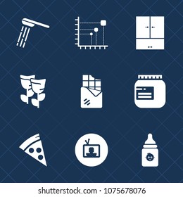 Premium set with fill icons. Such as glass, head, wardrobe, summer, wash, bottle, chart, chocolate, television, dessert, business, flower, nature, nutrition, wet, information, screen, blossom, closet