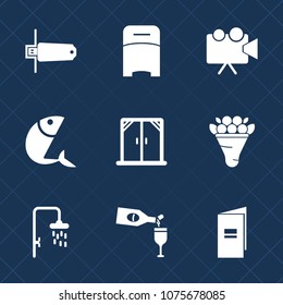 Premium set with fill icons. Such as bouquet, technology, book, food, window, paper, seafood, flash, equipment, double, cinema, business, screen, drink, memory, hotel, house, wine, bath, white, movie