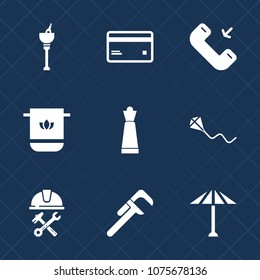 Premium set with fill icons. Such as industrial, money, service, reparation, phone, umbrella, fun, helmet, cotton, button, foreman, sky, summer, card, chess, sign, culture, champagne, bathroom, towel