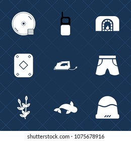 Premium set with fill icons. Such as agriculture, winter, warm, fish, cap, home, mobile, game, shorts, phone, telephone, work, clothing, cell, technology, grain, room, compact, wear, disc, plant, hat