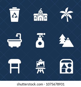 Premium set with fill icons. Such as sign, bathroom, summer, toy, bear, armchair, container, can, recycle, pesticide, tropical, comfortable, palm, government, spray, chair, city, nature, recycling
