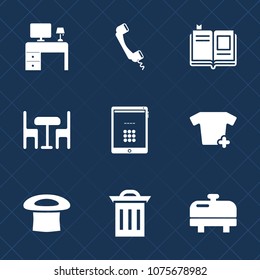 Premium set with fill icons. Such as library, book, heater, home, clothes, office, textbook, mobile, education, trash, chair, knowledge, notebook, literature, shirt, computer, desk, internet, page