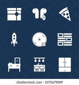 Premium set with fill icons. Such as sound, birthday, music, newspaper, cd, earphone, disc, technology, wireless, launch, bow, rocket, bar, furniture, news, cheese, package, restaurant, compact, box