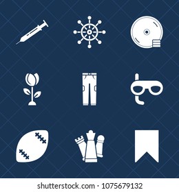 Premium set with fill icons. Such as american, tool, mask, stadium, helm, sea, flower, sign, spring, pants, king, bookmark, compact, marine, nature, needle, boat, summer, rudder, chess, piece, wheel