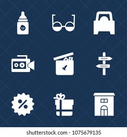 Premium set with fill icons. Such as eyeglasses, box, arrow, optical, baby, house, eye, video, lens, play, real, milk, film, sign, vehicle, white, percent, plastic, car, equipment, building, estate