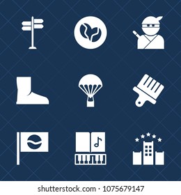 Premium set with fill icons. Such as coffee, drawing, sign, bean, footwear, japan, sport, brush, arrow, musical, sky, japanese, paint, travel, wear, parachute, sword, skydiver, parachuting, street