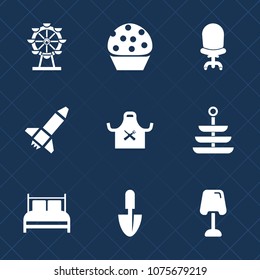 Premium set with fill icons. Such as rocket, cake, launch, dinner, home, wheel, cookie, furniture, restaurant, comfortable, doughnut, armchair, white, room, technology, london, food, bed, sign, ferris
