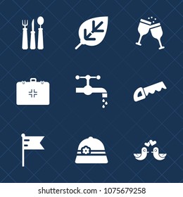 Premium set with fill icons. Such as water, dinner, nature, work, plant, saw, emergency, cooking, fork, bathroom, wine, drink, flag, wineglass, environment, health, restaurant, tree, background, spoon