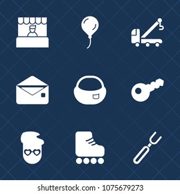 Premium set with fill icons. Such as market, balloon, party, cart, skate, tow, envelope, food, graphic, buy, supermarket, rucksack, restaurant, hipster, commerce, car, shop, bag, spoon, accident, fork
