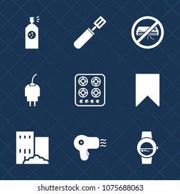 Premium set with fill icons. Such as dryer, silhouette, time, watch, pan, blue, cooking, hairdryer, white, no, water, building, art, conditioner, top, technology, pot, paint, background, spray, view