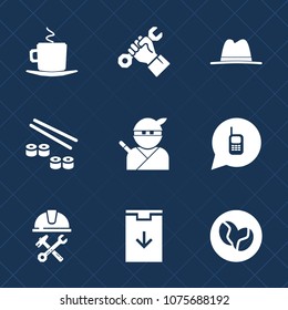 Premium set with fill icons. Such as phone, japanese, seafood, food, ringing, business, cappuccino, sushi, cup, male, hot, communication, telephone, call, ninja, site, work, object, beverage, builder
