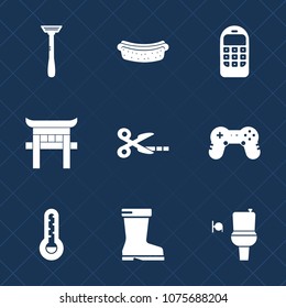 Premium set with fill icons. Such as torii, style, japan, hot, fast, play, blade, phone, hotdog, footwear, meal, restroom, technology, white, sign, razor, fashion, tool, mobile, leather, public, meat