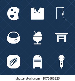 Premium set with fill icons. Such as shrine, school, voice, cookie, post, travel, bag, paper, paperclip, karaoke, backpack, medicine, fashion, icecream, white, new, food, song, style, chocolate, shirt