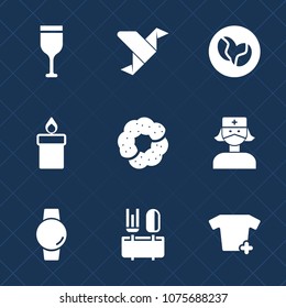 Premium set with fill icons. Such as caffeine, doughnut, spoon, nurse, bottle, geometric, alcohol, care, gadget, decoration, clothes, wine, dinner, time, wineglass, candlelight, flame, paper, wax, art