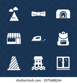 Premium set with fill icons. Such as christmas, work, sky, peak, school, electric, room, landscape, boat, suit, cabinet, fireplace, winter, hill, panorama, houseboat, store, sign, blue, bag, market