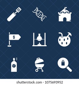 Premium set with fill icons. Such as spray, money, summer, cooking, blue, chemistry, biology, food, research, location, tower, finance, glass, woman, juice, pot, paint, medicine, meat, building, view