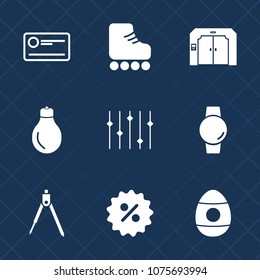 Premium set with fill icons. Such as leisure, up, power, credit, money, retro, sport, tool, time, gadget, elevator, cheque, watch, percent, equality, finance, roller, spring, fun, building, divider