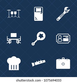 Premium set with fill icons. Such as infant, identity, health, table, tool, drum, space, medical, travel, restaurant, construction, music, baby, business, screwdriver, bed, toy, rattle, child, musical