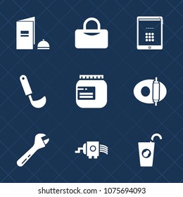 Premium set with fill icons. Such as utensil, jam, brochure, dinner, juice, fruit, cook, soup, laptop, healthy, cheese, kitchen, white, paper, travel, book, hammer, bag, fresh, spanner, food, wrench