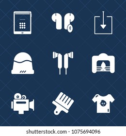 Premium set with fill icons. Such as tablet, warm, kid, hat, technology, cap, handle, arrow, download, drawing, fashion, stereo, brush, child, fireplace, headwear, sound, object, clothing, screen, web