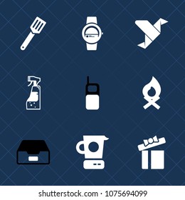 Premium set with fill icons. Such as campfire, box, time, mobile, pot, file, data, water, kitchen, housework, food, bottle, mixer, technology, art, view, touch, document, blue, gadget, celebration