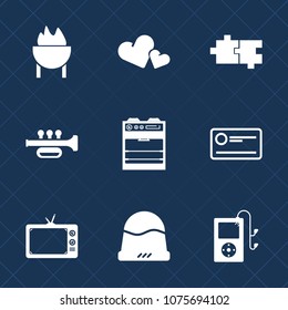Premium set with fill icons. Such as musical, romantic, music, valentine, fashion, instrument, sign, money, cap, background, fire, hat, sausage, puzzle, barbecue, cheque, kitchen, screen, electric, tv