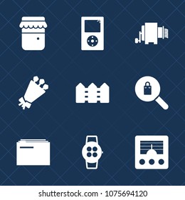 Premium set with fill icons. Such as information, jar, female, player, restaurant, watch, smart, blossom, time, nutrition, music, clothes, healthy, pasta, flower, gadget, button, wireless, media, pot