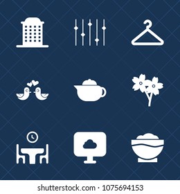 Premium set with fill icons. Such as dinner, coffee, family, cherry, sign, blossom, city, teapot, pigeon, graphic, cloud, hanger, clothing, building, business, bank, architecture, urban, hot, equality