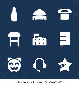 Premium set with fill icons. Such as asian, cone, microphone, interior, hat, sign, leisure, headwear, paper, fashion, sound, comfort, chair, architecture, white, cute, cap, star, style, armchair, cat