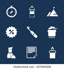 Premium set with fill icons. Such as document, wax, meal, white, candle, element, fire, travel, dinner, mountain, cleaner, waiter, map, flame, text, mop, rock, compass, summer, price, bucket, pot, tag