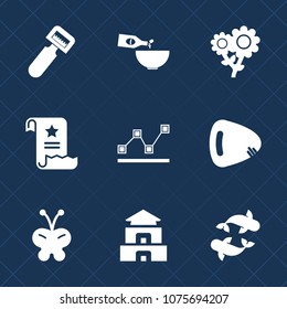 Premium set with fill icons. Such as glass, wine, seafood, temple, spring, flower, musical, business, cuisine, fish, dinner, kitchen, graph, file, vegetable, beauty, peel, data, document, gourmet, red