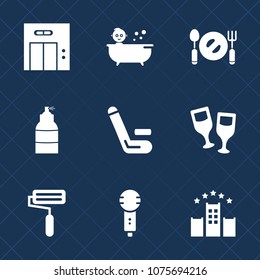 Premium set with fill icons. Such as wine, white, knife, competition, transportation, floor, competitive, alcohol, roll, fork, drink, match, wall, spray, bed, hotel, glass, championship, voice, red