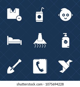 Premium set with fill icons. Such as origami, man, laundry, phone, bed, beverage, home, construction, furniture, shirt, hygiene, clean, drink, baby, white, soap, cold, fun, little, book, cooking, ice