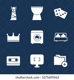 Premium set with fill icons. Such as wash, ocean, gambling, beacon, technology, dice, musical, monitor, document, chance, data, screen, bedroom, house, double, sound, cassette, housework, success, win