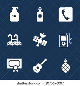 Premium set with fill icons. Such as glass, tropical, satellite, bathroom, wash, achievement, soap, alcohol, guitar, award, audio, contact, clean, phone, player, sport, care, fresh, internet, white