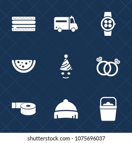 Premium set with fill icons. Such as hat, tape, water, object, time, fast, care, party, clothing, clown, food, watch, health, office, hospital, wedding, burger, diamond, sandwich, watermelon, medical