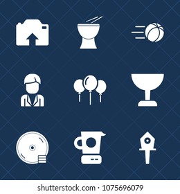 Premium set with fill icons. Such as football, birthday, concert, flying, kitchen, house, ball, nest, goal, spring, cooking, music, cd, search, birdhouse, kick, disk, sport, male, celebration, photo