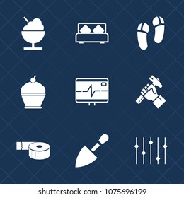 Premium set with fill icons. Such as heart, bedroom, food, industry, white, sugar, hotel, delicious, shovel, bed, office, equality, bakery, adhesive, double, tape, ice, rate, pie, graphic, cream, home