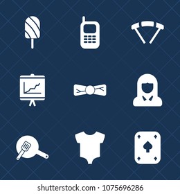 Premium set with fill icons. Such as sky, stick, call, snack, phone, kid, game, old, clothes, cold, fruit, parachuting, tie, woman, communication, telephone, annual, child, cell, dessert, document
