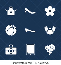 Premium set with fill icons. Such as pink, sign, ball, laptop, head, high, seafood, kitchen, branch, flying, elegant, football, chief, female, heel, shoe, sport, beautiful, sea, japan, floral, clean