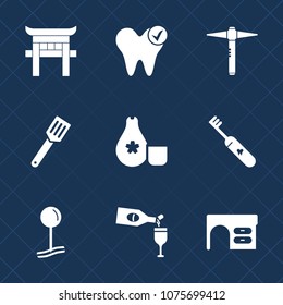 Premium set with fill icons. Such as sake, health, hammer, mouth, dentistry, shrine, desk, glass, travel, gate, construction, white, map, shinto, religion, pan, drink, table, healthy, japanese, care