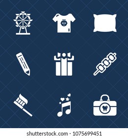 Premium set with fill icons. Such as clothes, celebration, comfortable, white, brush, sound, ferris, gift, barbecue, kid, present, pencil, london, grilled, park, meat, pillow, fun, music, eye, musical