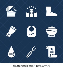 Premium set with fill icons. Such as drink, hotel, flower, menu, vacation, file, drop, nature, knife, restaurant, paper, bouquet, kitchen, blossom, infant, wear, black, room, boot, dinner, business