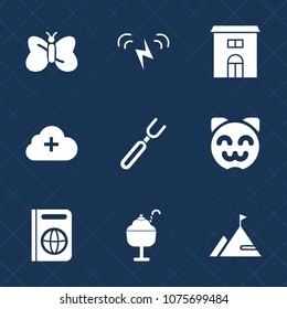Premium set with fill icons. Such as beauty, cloud, add, blue, wing, knife, passport, travel, sun, real, business, wind, ice, ecology, summer, building, nature, white, restaurant, dessert, animal, cat