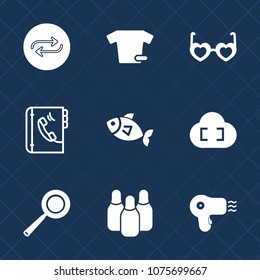 Premium set with fill icons. Such as fish, concept, clothing, hippie, t-shirt, internet, sunglasses, clothes, kitchen, boho, professional, replace, sea, contact, person, food, cooking, pan, hairdryer