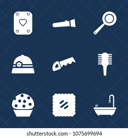 Premium set with fill icons. Such as black, hat, flashlight, card, sweet, food, light, postage, play, game, pan, toilet, bathroom, torch, white, sign, brush, object, bulb, cake, gambling, kitchen, saw