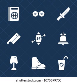 Premium set with fill icons. Such as healthy, sailboat, boot, boho, lamp, table, bell, steel, cutlery, fork, sunglasses, immigration, home, axe, fruit, travel, fashion, kitchen, vintage, notification