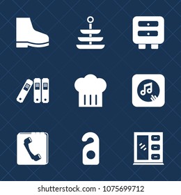 Premium set with fill icons. Such as graphic, phone, book, label, motel, web, chief, interior, kitchen, sound, meal, plate, hat, archive, internet, hotel, document, food, note, restaurant, fashion