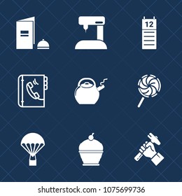 Premium set with fill icons. Such as parachuting, sign, cake, paper, kitchen, calendar, parachute, industry, helmet, machine, sewing, sweet, equipment, sky, food, phone, electric, needle, element, pie